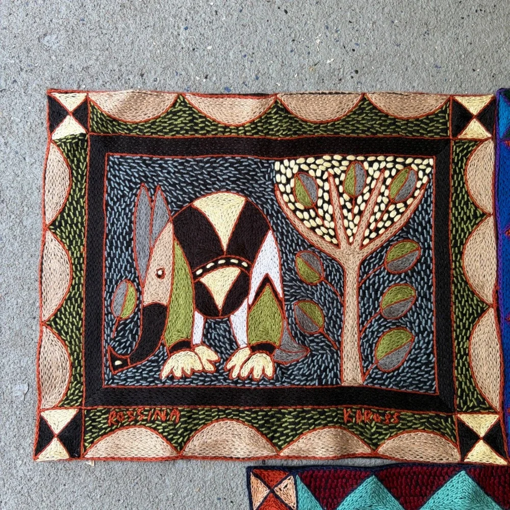 Kaross South Africa Hand Embroidered Shangaan Cloths Set of 3 Elephant Rhino Art